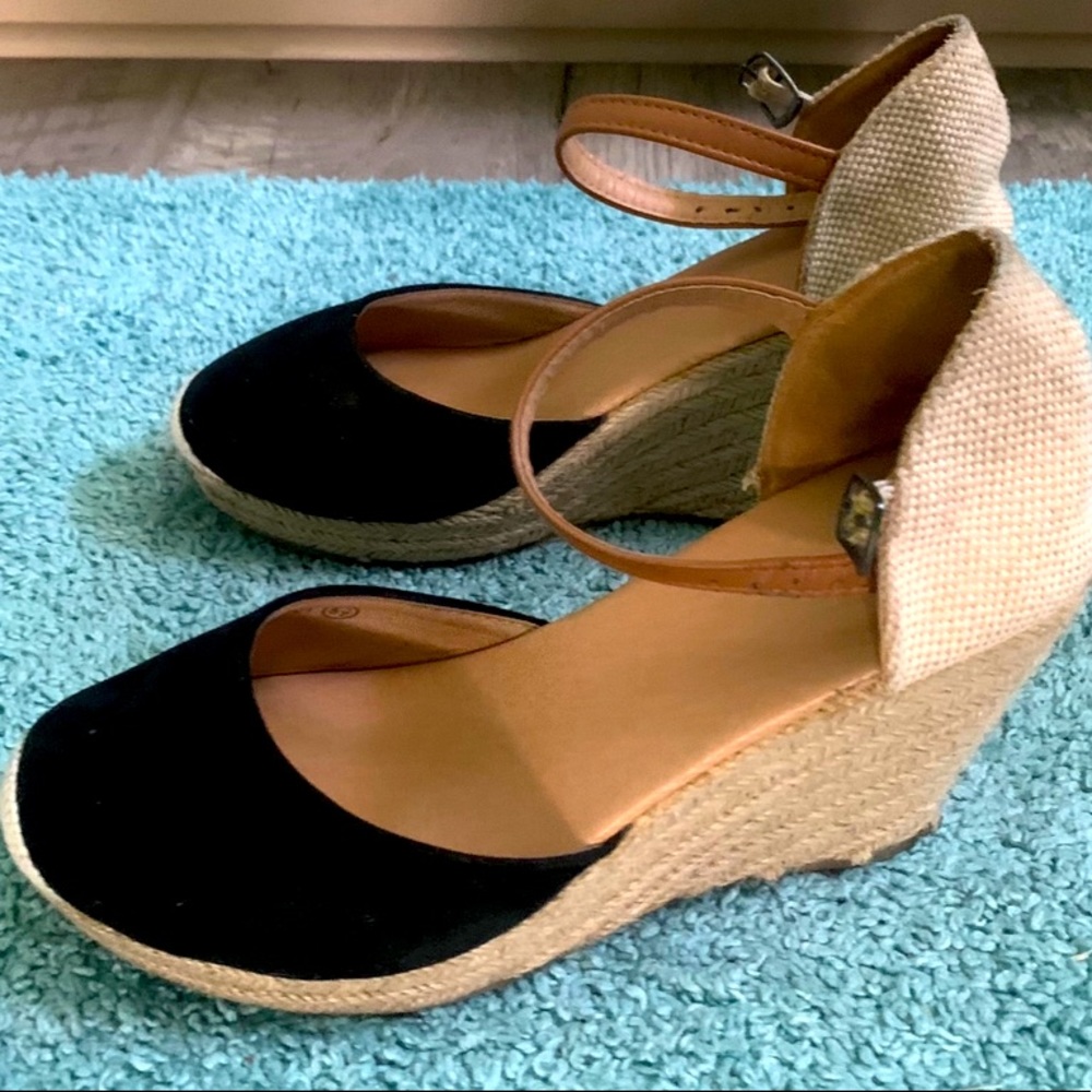 Black with Tan, ankle strap, wedges